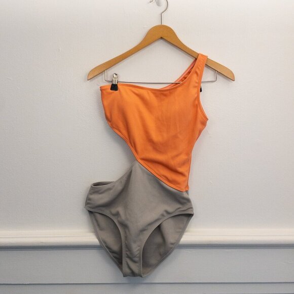 Vibesicily Colorblock One Shoulder Swimsuit Coral Gray Large Ribbed Cutout - Picture 1 of 4